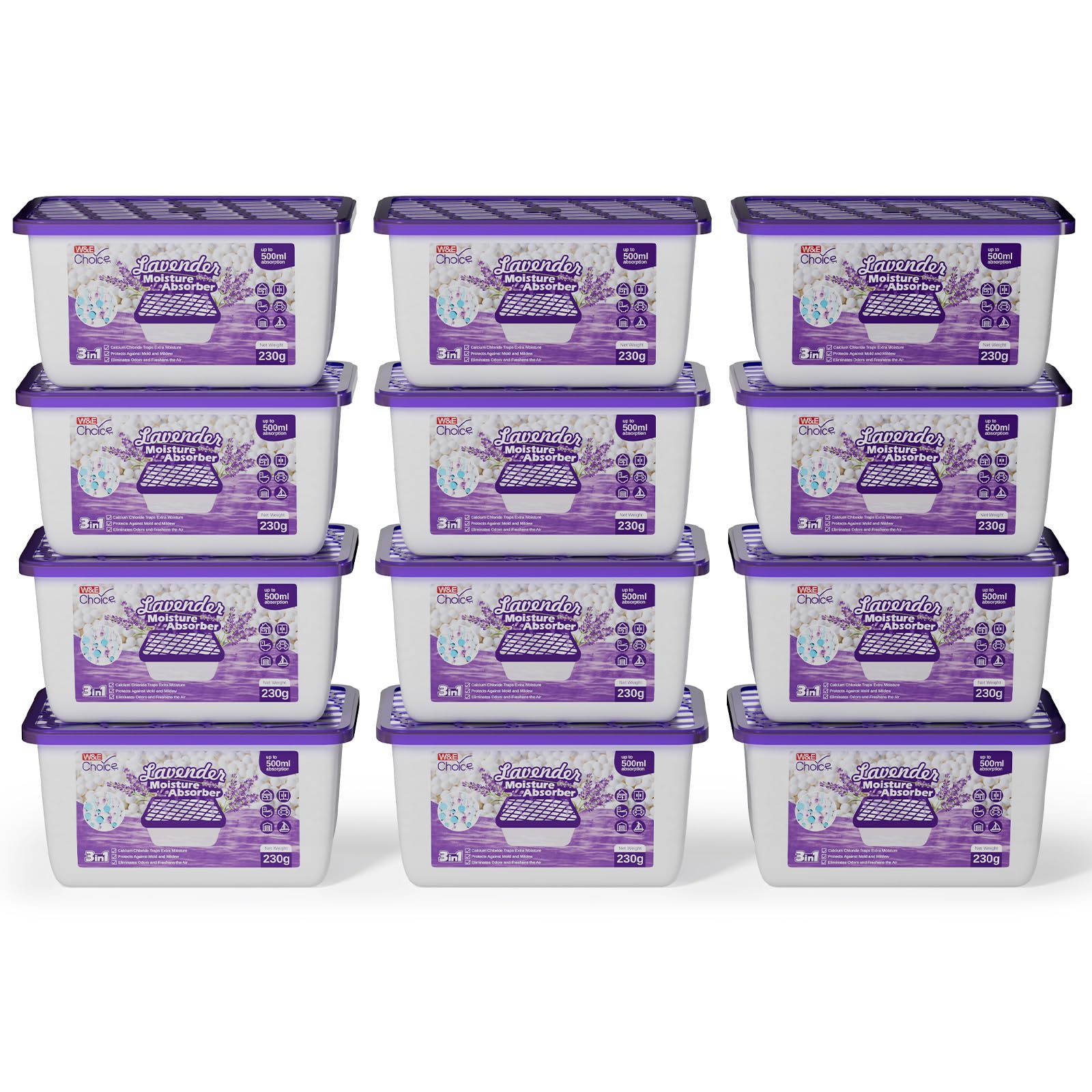 W&E Choice Moisture Absorbers with Lavender Scent, Portable Dehumidifier for Closet & Bathrooms, Kitchen, Humidity Absorber Odor Eliminator Absorber, 12Pack