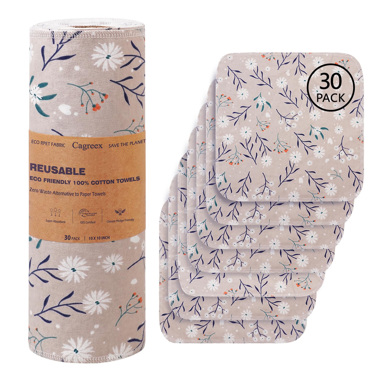 Cagreex Reusable Dishcloths Kitchen Towels Cotton: 30 Packs 10X10 Washable Roll Paperless Paper Towels Absorbent Dishcloths Set Dish Tea Towel for Kitchen Drying (30Daisy, 10×10")