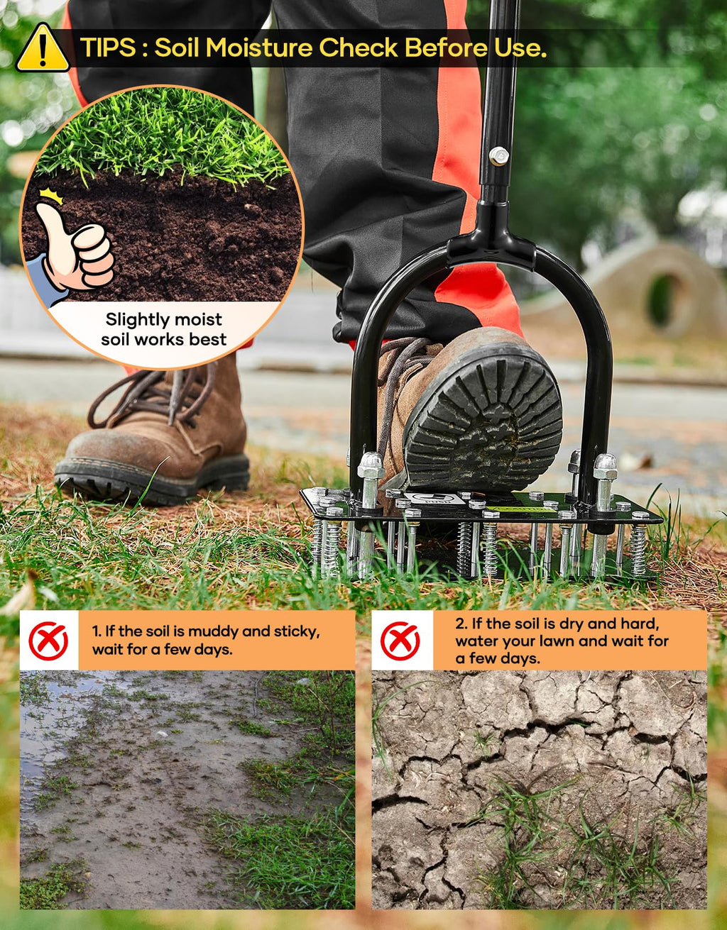 Sakerplus Aerator Lawn Tool, Hand Metal Spike Lawn Aerator with Rebounce Spring Base, Automatic Leaf and Dirt Cleaning, Grass Aerator for Lawn Care, Soil Loosening, Yard Aerating (Orange Handle)