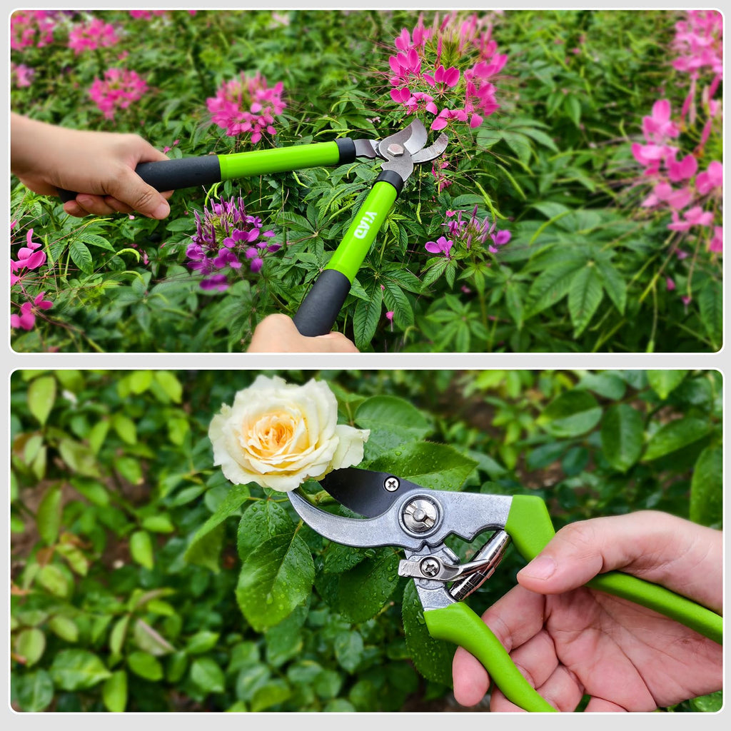 2Pcs High Carbon Steel Bypass Hand Loppers & SK5 Pruning Shears Set