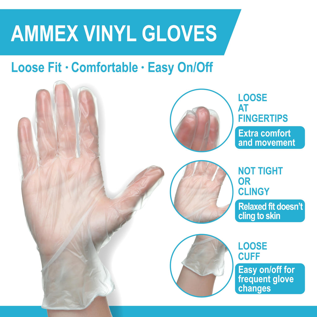 AMMEX Vinyl Gloves Disposable Latex Free 4 mil Clear Medium Case of 1000