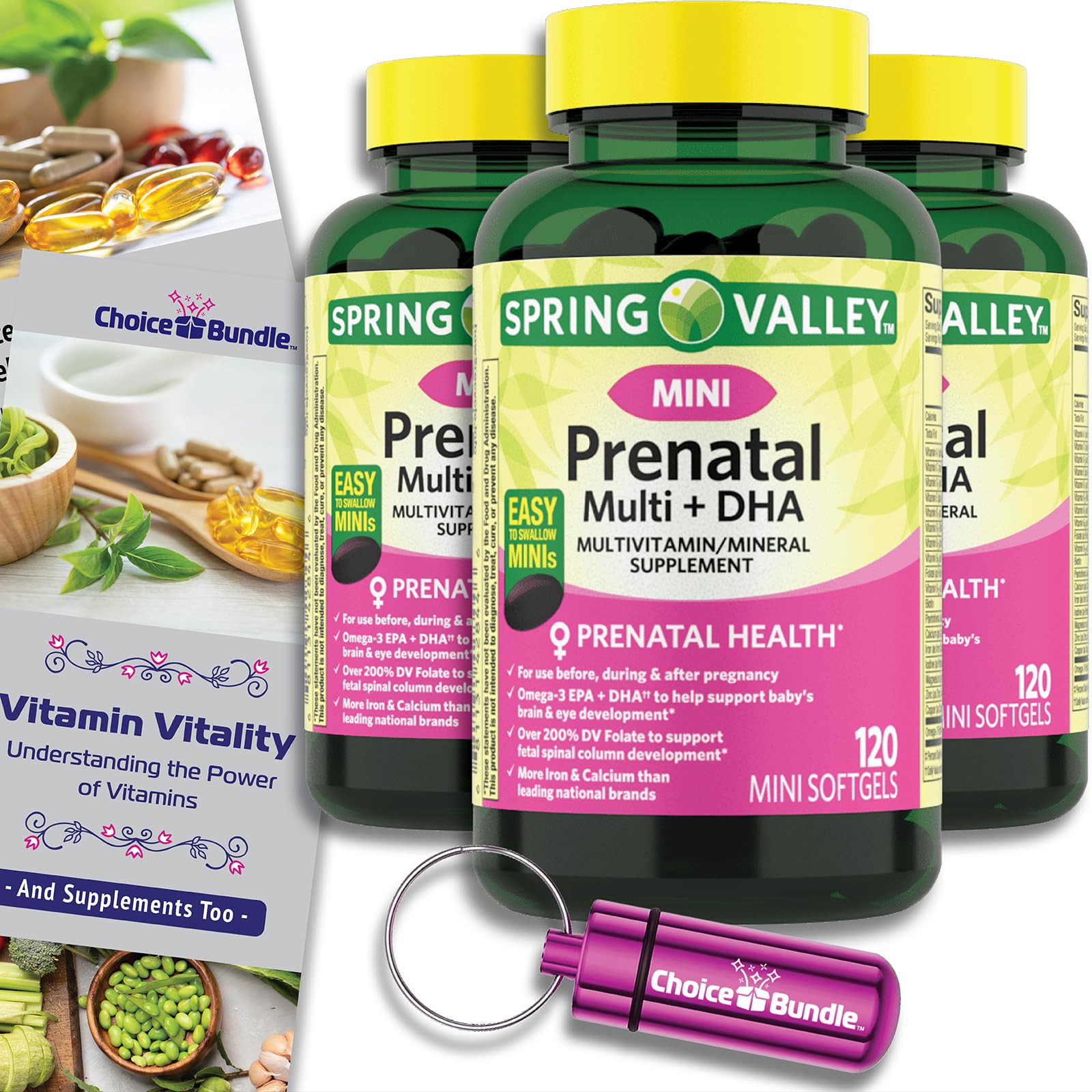 Choice Bundle Spring Valley Prenatal Multi + DHA Complete Multivitamin Multimineral Supplement Mini Softgels 120 Ct 3 pk (360 Total) + Vitamin Guide & Pill Container (5 Items)!