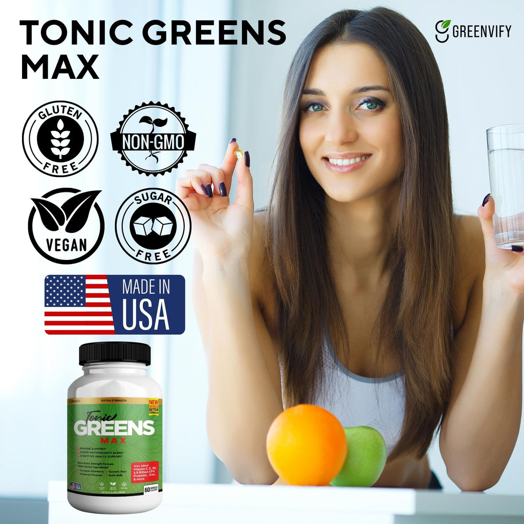 Tonic Greens Max, Extra Strength Immune Support Supplement, 60 Capsules, with Elderberry, Turmeric, Probiotics (10)