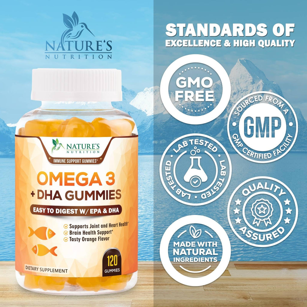 Omega 3 Fish Oil Gummies - 3X Strength Heart Healthy Omega 3 Gummy Supplement with High Absorption DHA & EPA - Joint & Brain Support, Delicious Orange Flavor Fish Oil Natures Vitamin - 120 Gummies