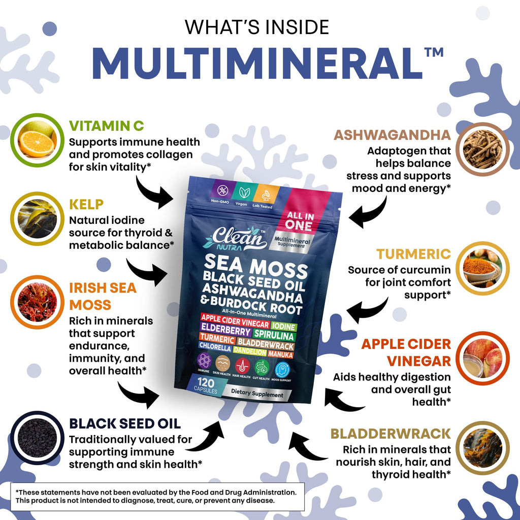 Clean Nutraceuticals Sea Moss Black Seed Oil Ashwagandha Turmeric Bladderwrack Burdock & Vitamin C Vitamin D3 with Elderberry Manuka Dandelion (120 Count (Pack of 1))