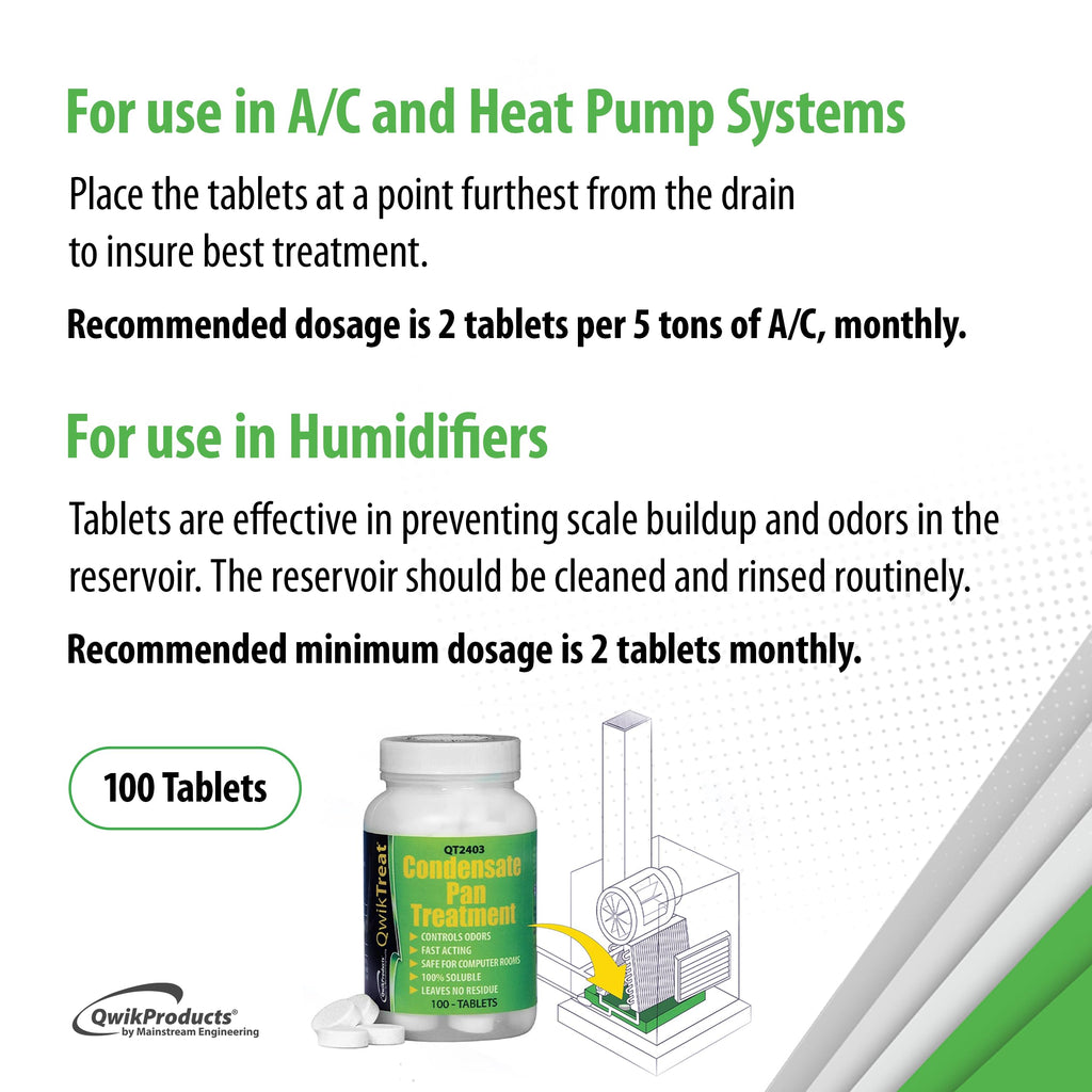 QwikTreat Condensate Pan AC Drain Line Tablets, AC Drain Line Cleaner, Remove HVAC Pipe Clogs and Control Odors for Effective Maintenance, 100 Tabs