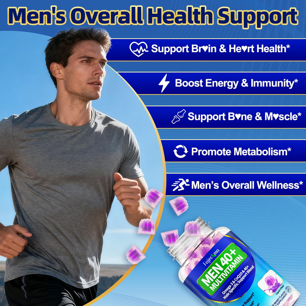 Fajeckma Mens Multivitamins Gummies for 40 Plus: Chewable Sugar Free Mens Multivitamins 40 Plus Gummy with Methylated B-Complex Omega-3 Magnesium CoQ10 Lycopene - Daily Vitamins for Men(120Count)
