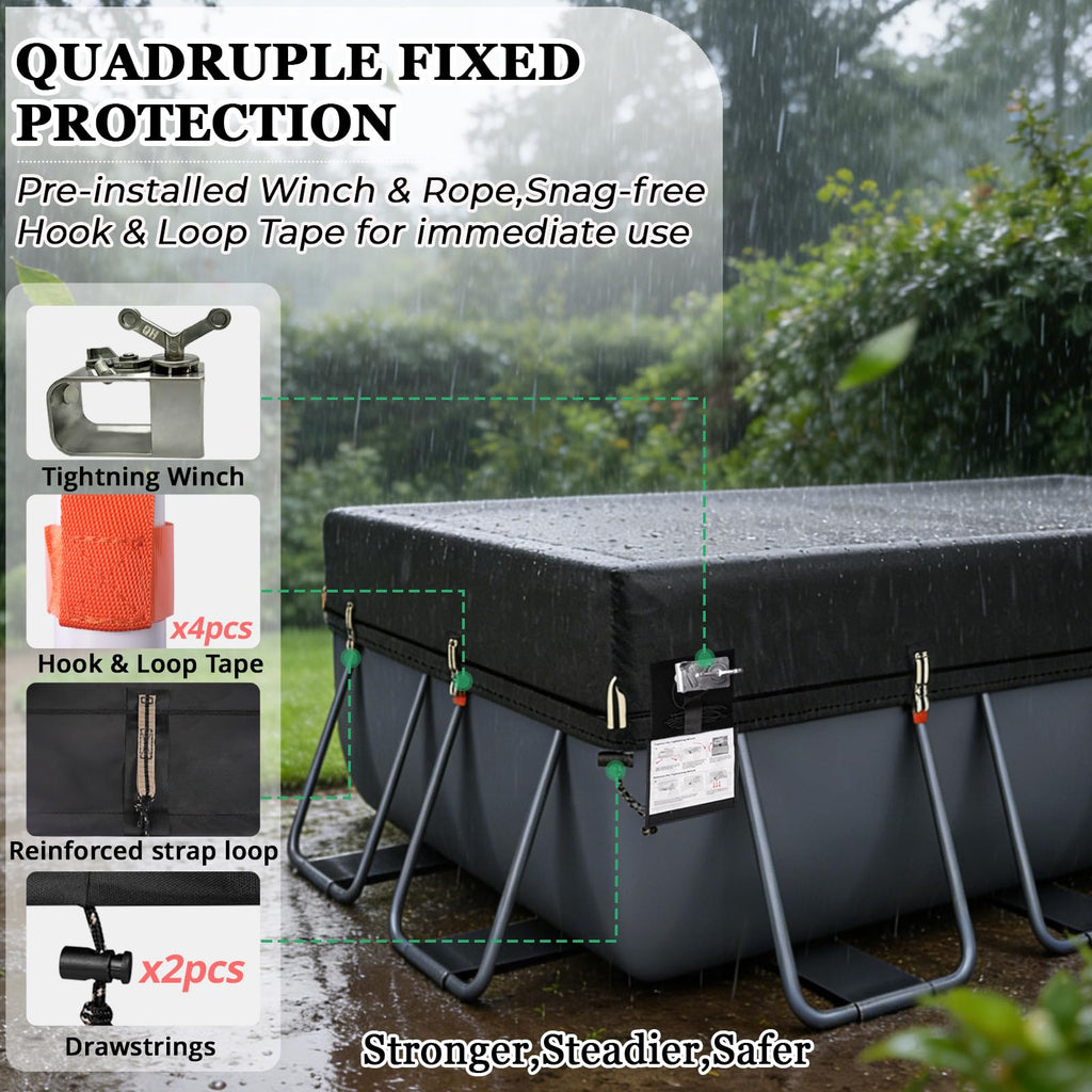 QH.HOME 550D 12x24 Ft Rectangular Pool Cover [Upgraded Tear Resistant & Quadruple Windpoof]wth Pre-Installed Winch and Rope,Pool Covers for Above Ground Pools Rectangle-Snug Fit&Waterproof Protection