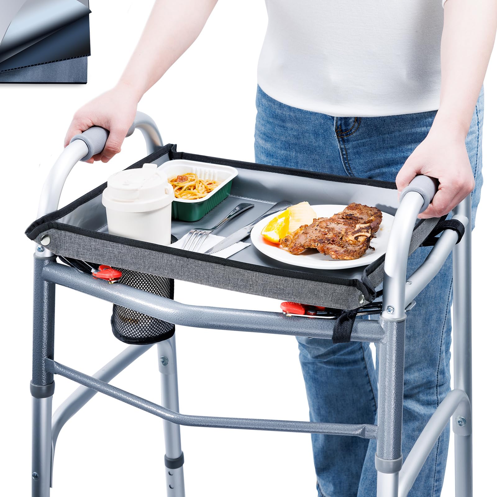 BAGSFY Walker Tray with Cup Holder – Hard Top Walker Accessory for Seniors – Folding Walker Table for Meals, Reading, Drinks – Non-Slip, Easy Install, Universal Fit