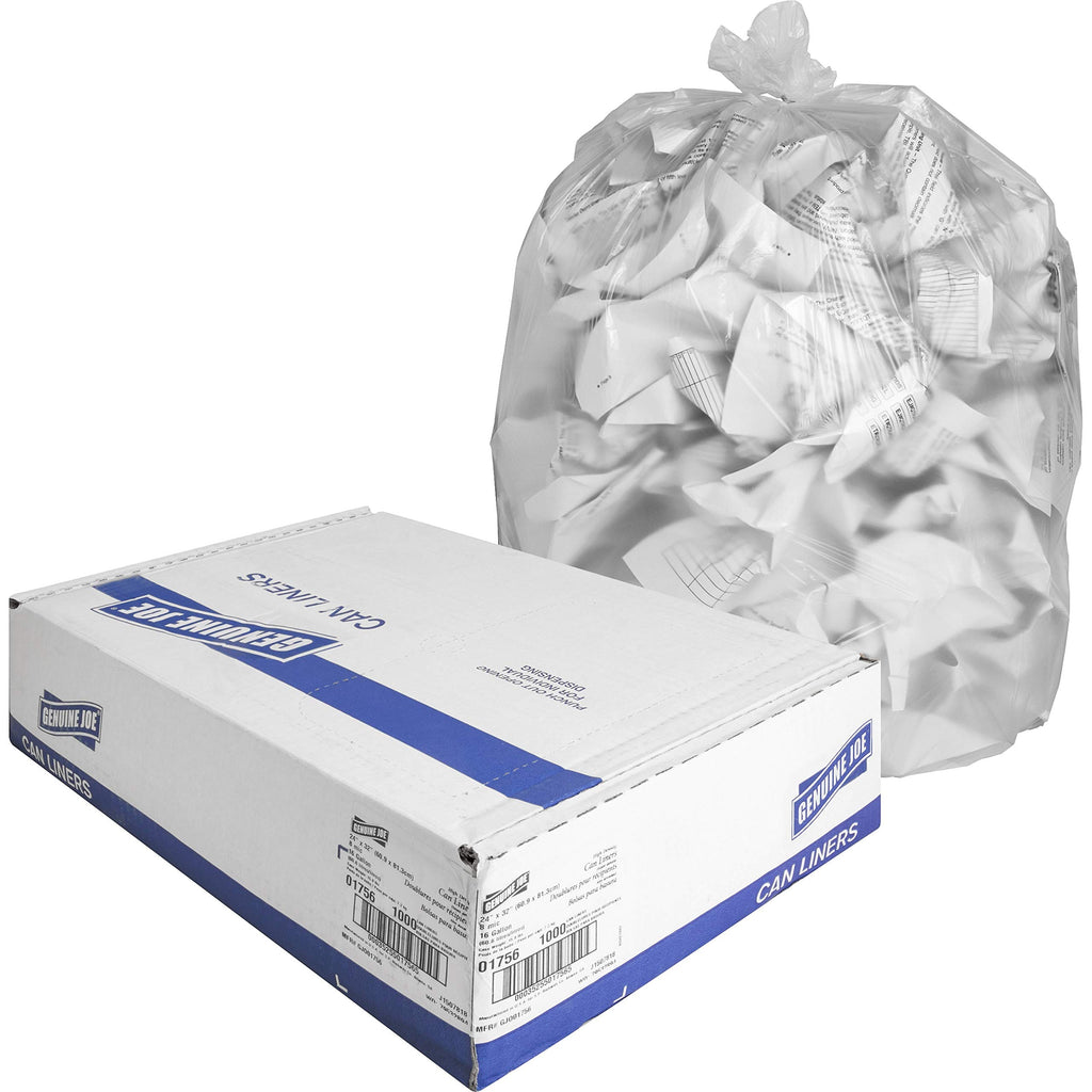 Genuine Joe High Density Can Liners, 24" x 32", 16 gal Capacity, 8 Microns, Clear, 1000 Count