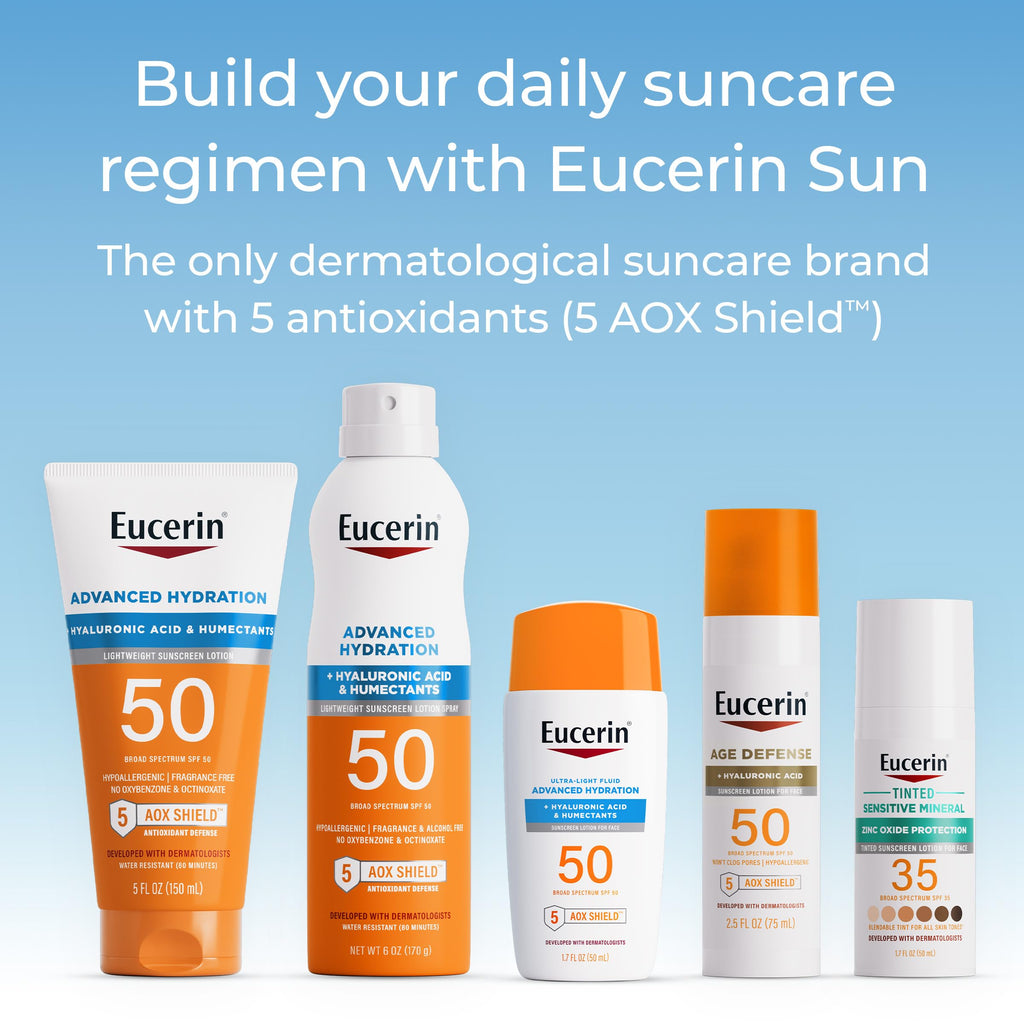 Eucerin Sun Advanced Hydration SPF 50 Sunscreen Lotion, Lightweight Sunscreen with Hyaluronic Acid and Humectants, Hypoallergenic, Fragrance Free, No Oxybenzone or Octinoxate, 5 Fl Oz Tube