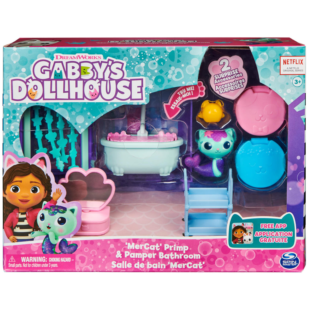 Gabby's Dollhouse, Primp and Pamper Bathroom with Mercat Figure, 3 Accessories, 3 Furniture and 2 Deliveries, Kids Toys for Ages 3 and up