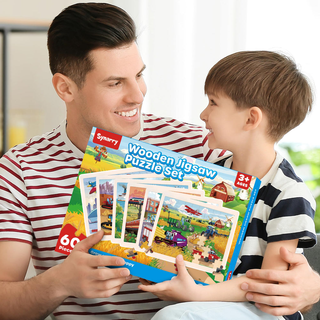 SYNARRY Large Wooden Vehicle Jigsaw Puzzles for Kids Ages 4-8, 60-Piece