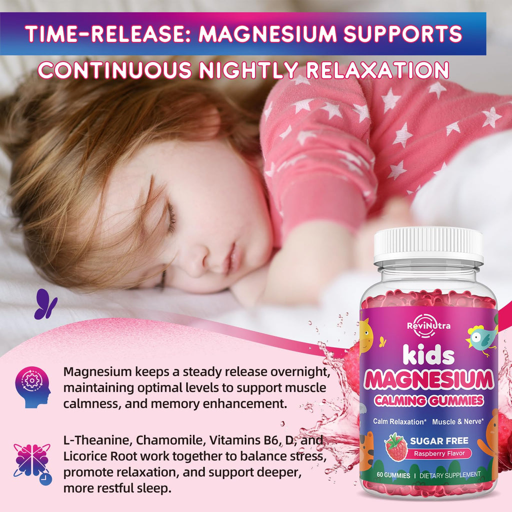 2 Pack Kids Magnesium Gummies, Magnesium Glycinate Gummies for Kids & Adults with L-Theanine, Chamomile, Vitamin D, B6 for Sleep, Relaxation, Brain & Muscle, Sugar Free Raspberry