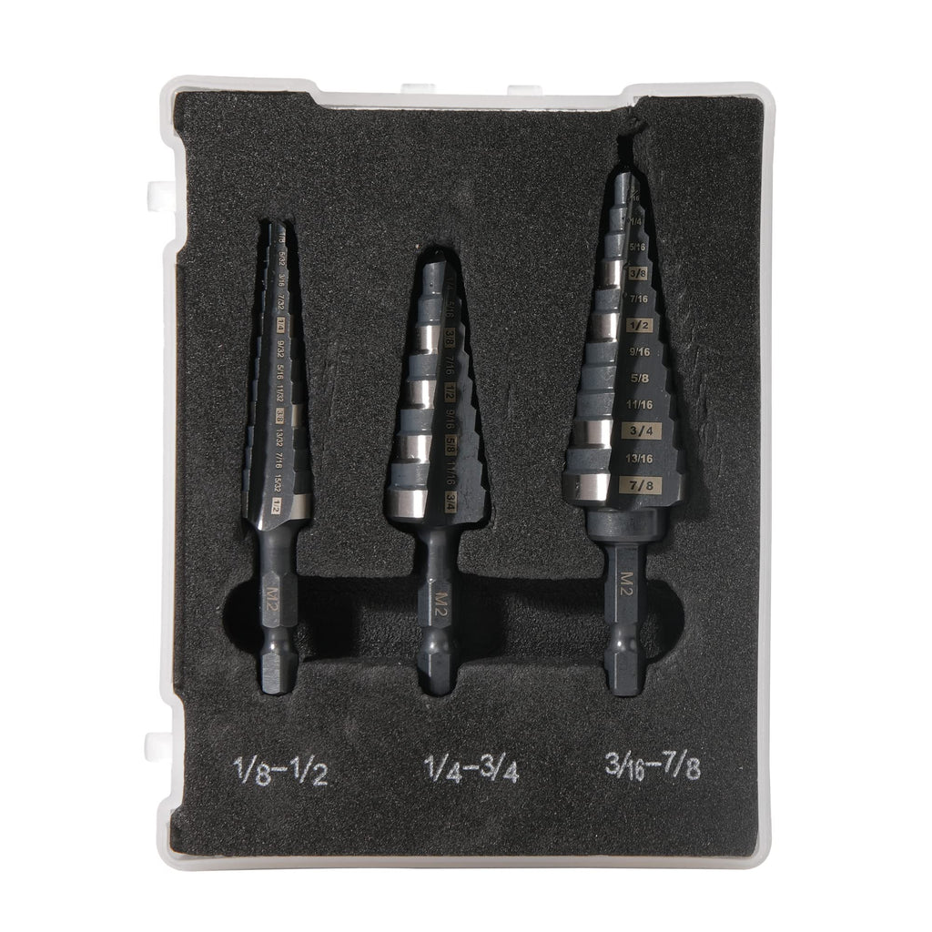 Jerax tools M2 HSS Quick Change 1/2", 3/4" & 7/8" Step Drill Bit Set Double Fluted Drill Bits for Hole Drilling in Stainless Steel, Copper, Aluminum, Wood, Plastic