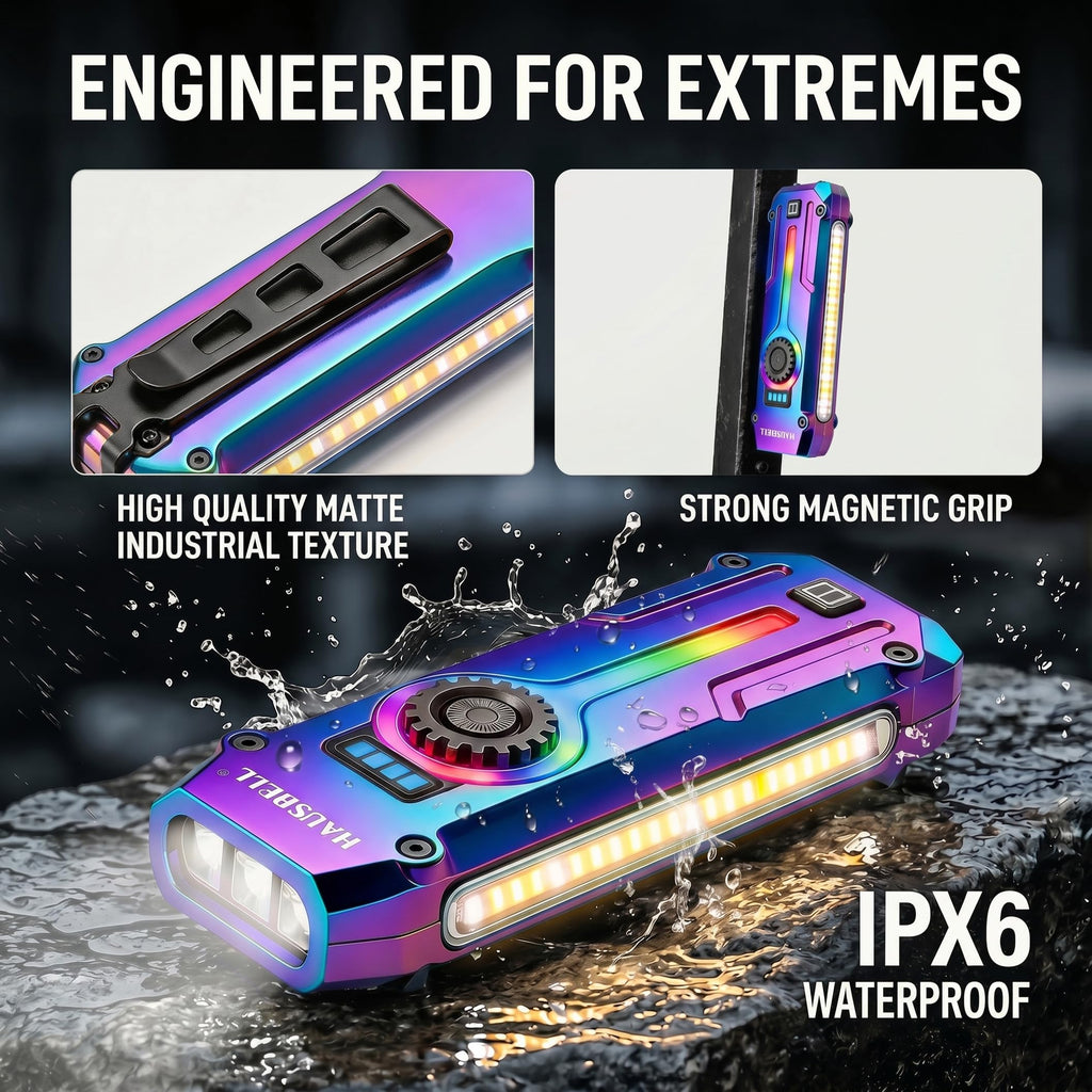 Flat EDC Flashlight 1800 High Lumens, Stainless Steel Rechargeable Pocket Light with UV Blacklight, Red Light for Cats, Arrow-Shaped RGB Beacon, Magnetic Work Light,USB-C Stepless Dimming (Iridescent)