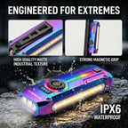 Flat EDC Flashlight 1800 High Lumens, Stainless Steel Rechargeable Pocket Light with UV Blacklight, Red Light for Cats, Arrow-Shaped RGB Beacon, Magnetic Work Light,USB-C Stepless Dimming (Iridescent)