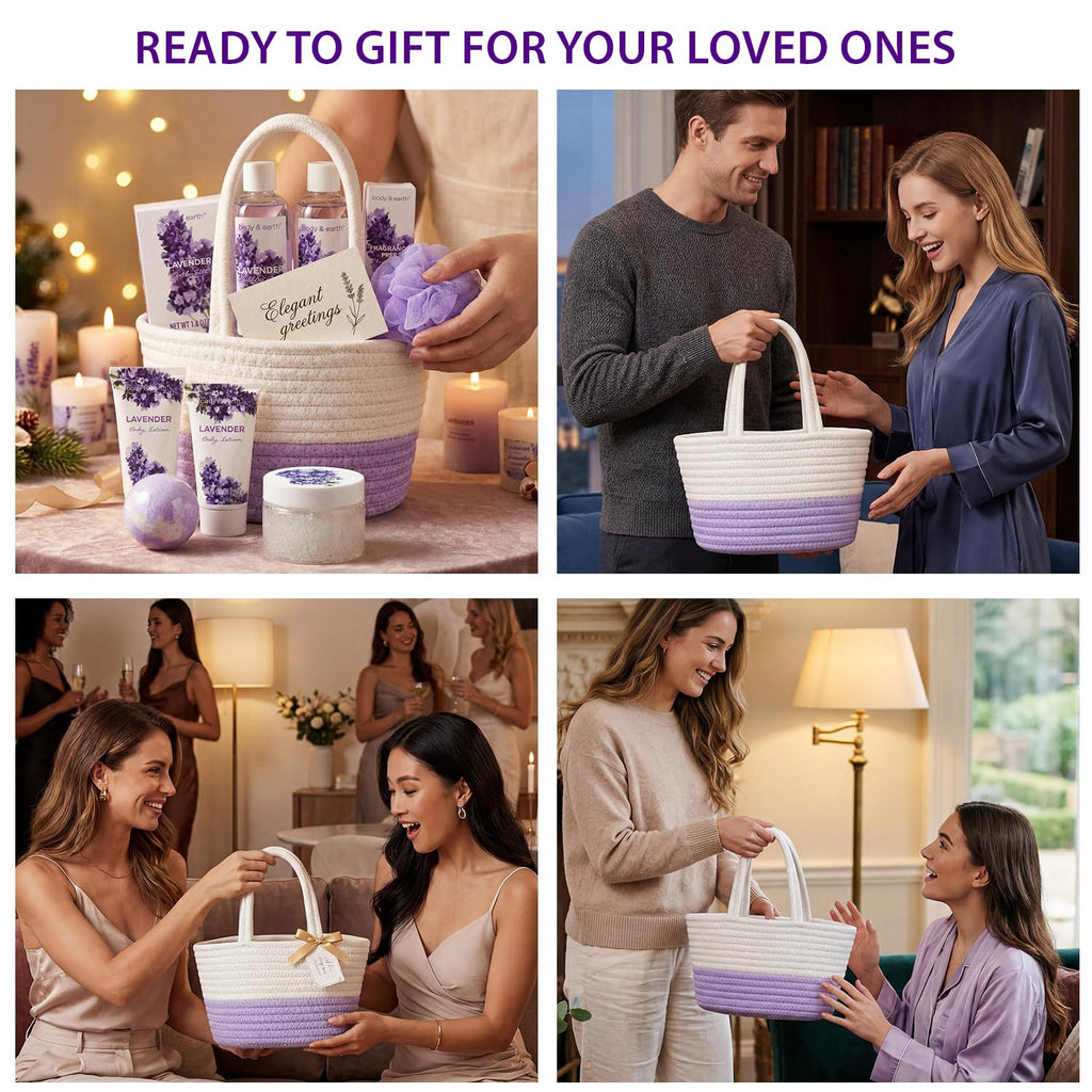 BODY & EARTH Spa Gift Baskets for Women 11pcs Lavender Gift Sets with Bubble Bath, Shower Gel, Body Lotion, Mom Birthday Gifts, Spa Kit, Purple Gift for Her, Christmas gifts