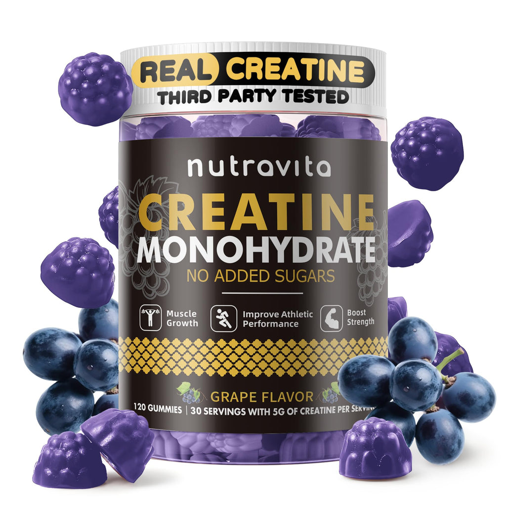 Nutravita Creatine Monohydrate Gummies for Men & Women-5g of Creatine Monohydrate per Serving - Sugar Free,Vegan, Grapes Flavor, 120 Count