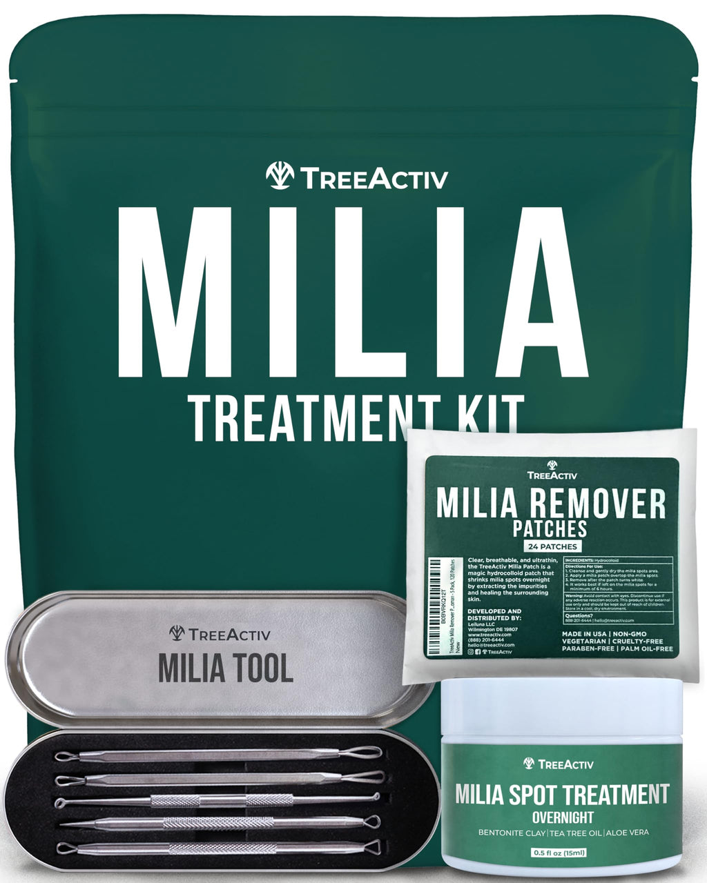 TreeActiv Milia Spot Treatment 3 Piece Tool Set, Milia Remover Set, Includes 12ml Overnight Milia Remover Cream with Bentonite Clay and Aloe Vera, Milia Extractor Tool Kit Acne Treat