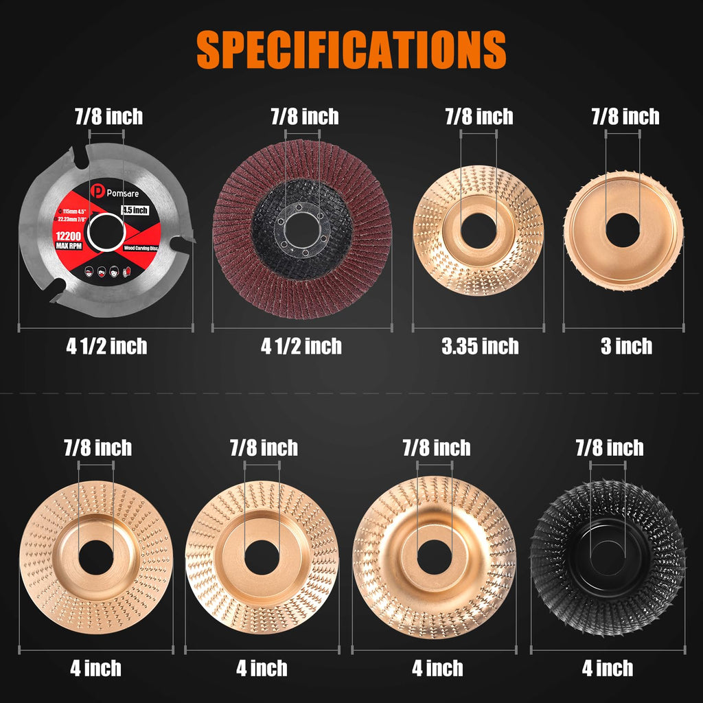 Pomsare 13PCS Wood Carving Disc Set for 4 1/2 Angle Grinder Attachments, Stump Ginder Blades Wheel for Wood, Flap Disc for Woodworking Cutting, Grinding, Shaping and Sanding