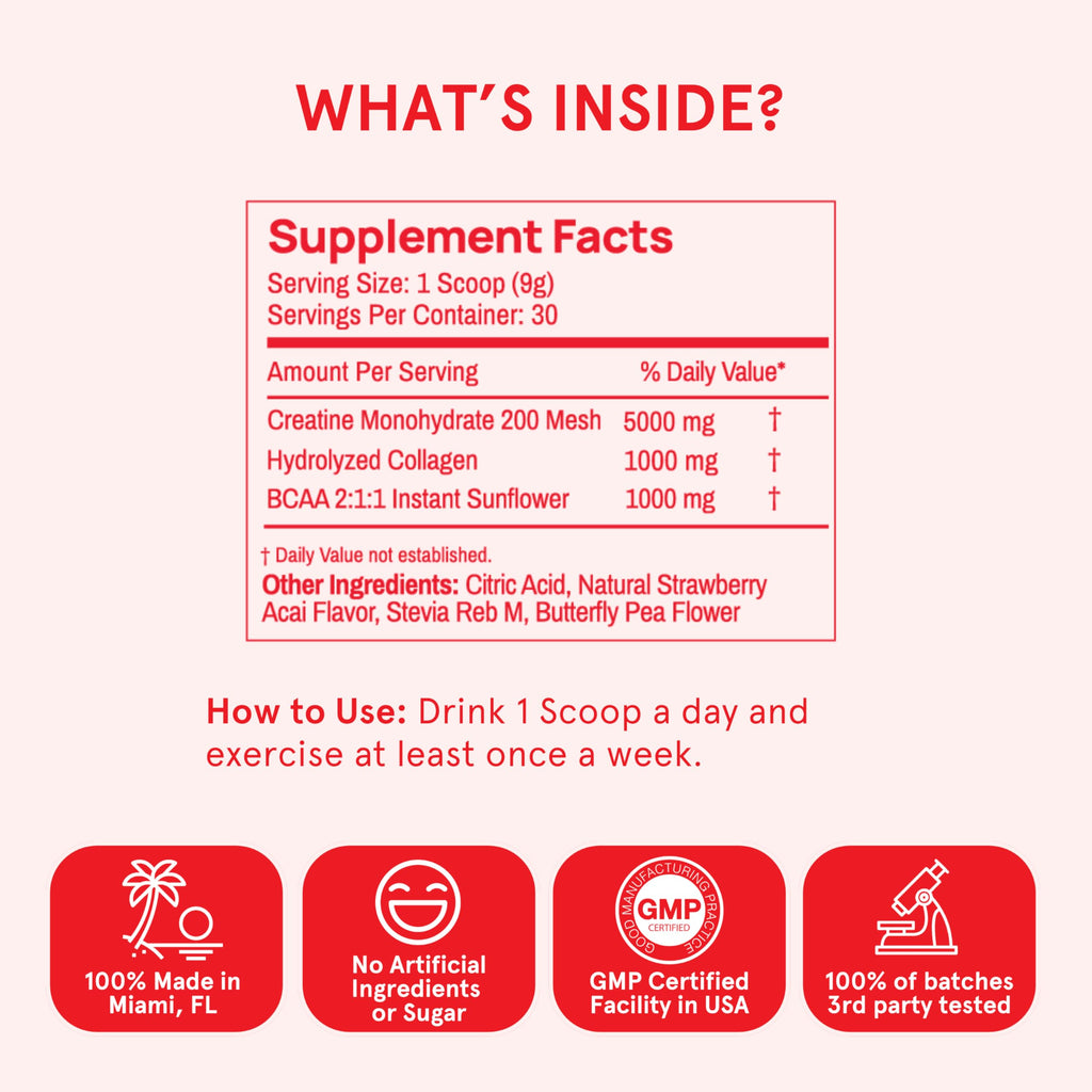Peach Perfect Creatine Blend for Women – Micronized Creatine Monohydrate with BCAA & Collagen for Glute Strength Support – Strawberry Acai – 30 Servings