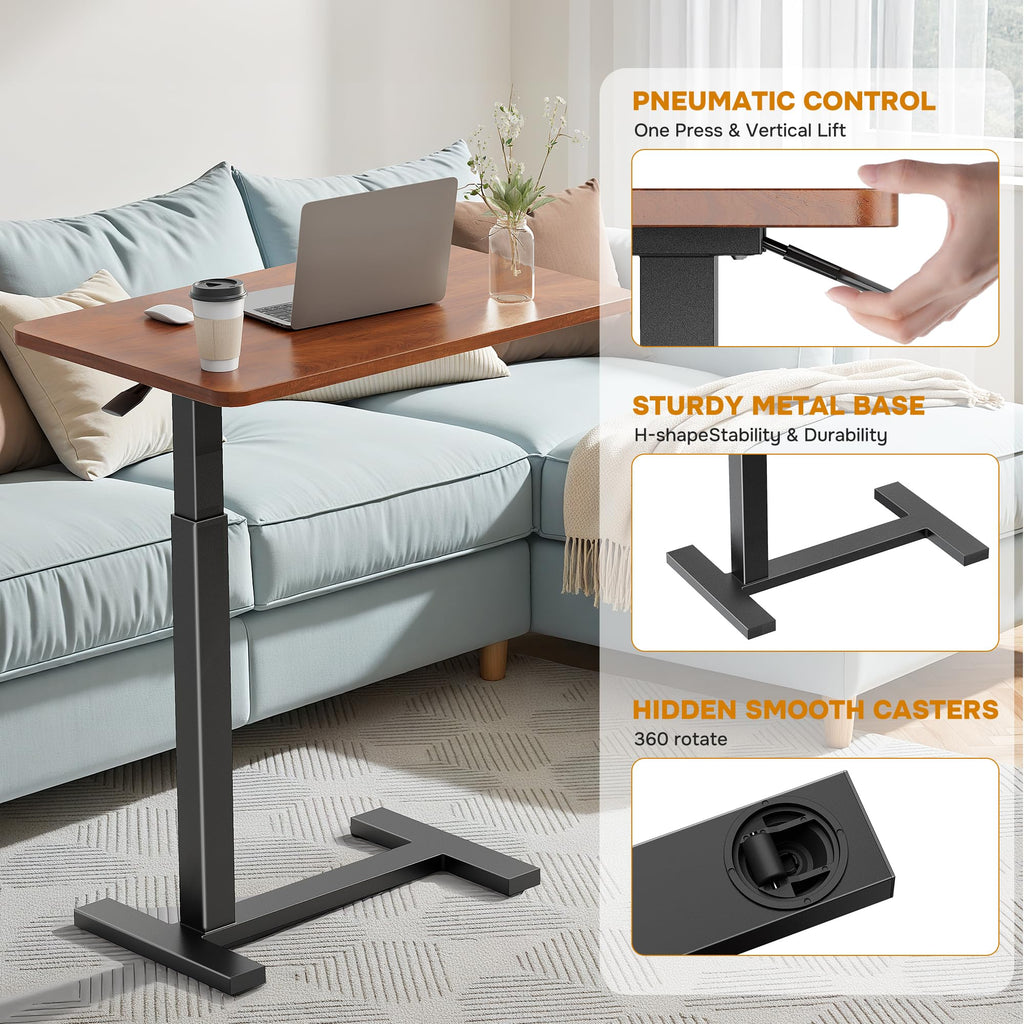 Simple Deluxe Adjustable Overbed Bedside Table with Wheels, Pneumatic Adjustable Hospital & Home Use Bed Table, Rolling Laptop Table, Mobile Standing Desk, Brown