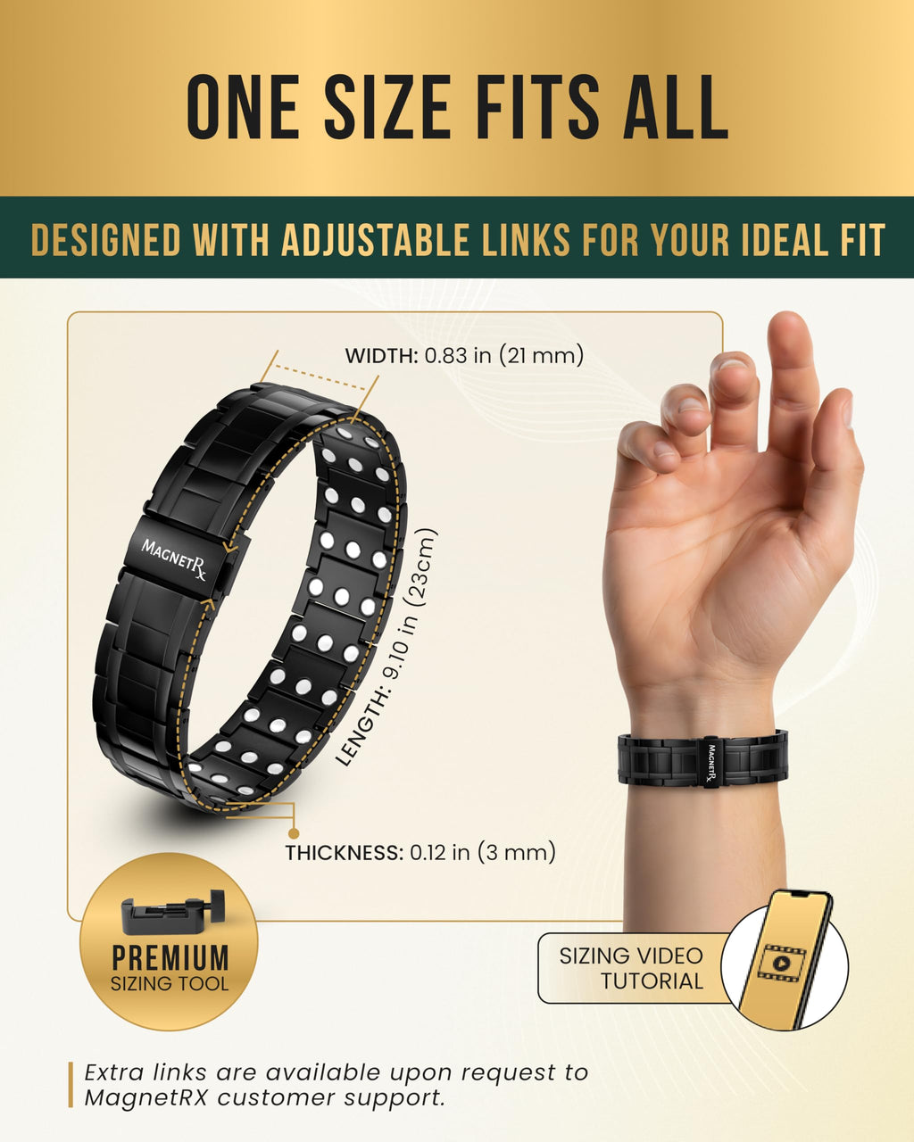 MagnetRX® 3X Strength Magnetic Bracelets for Men – Effective Titanium Mens Magnetic Bracelet – Premium Fold–over Clasp & Adjustable Length with Sizing Tool & Gift Box (Black)