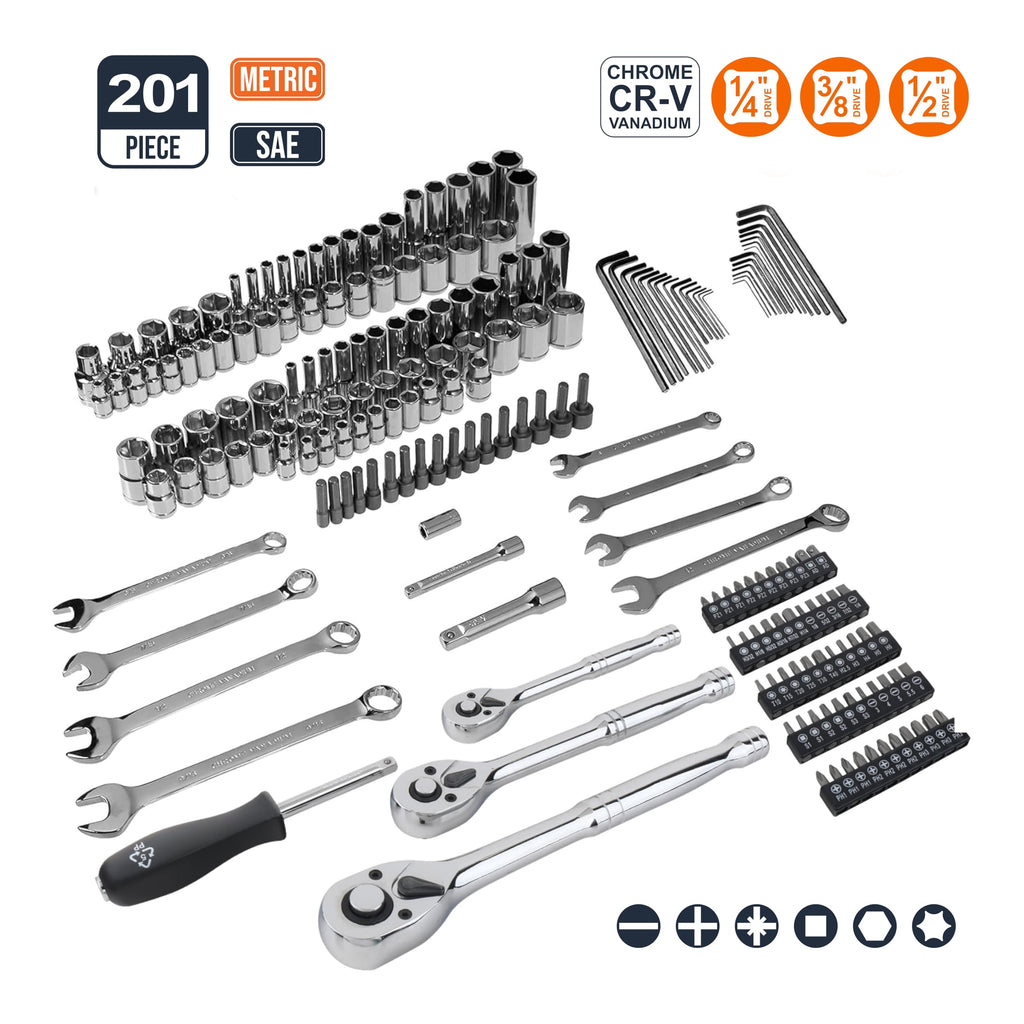 Amazon Basics 201-Piece Mechanic's Socket Tool Set With Case, SAE and Metric Sizes, Chrome-Vanadium Steel, Portable