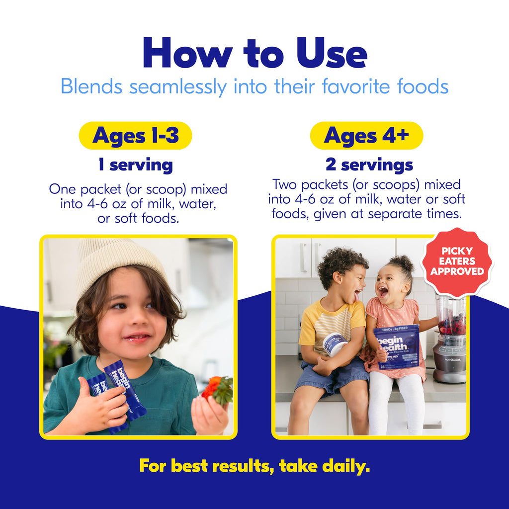 Begin Health Growing Up® Prebiotics for Kids 84-Packs | Prebiotic Soluble Powder Stool Softeners & Digestive Gut Health Supplement | Ideal to Mix with Kids Daily Beverages and Soft Foods - Unflavored