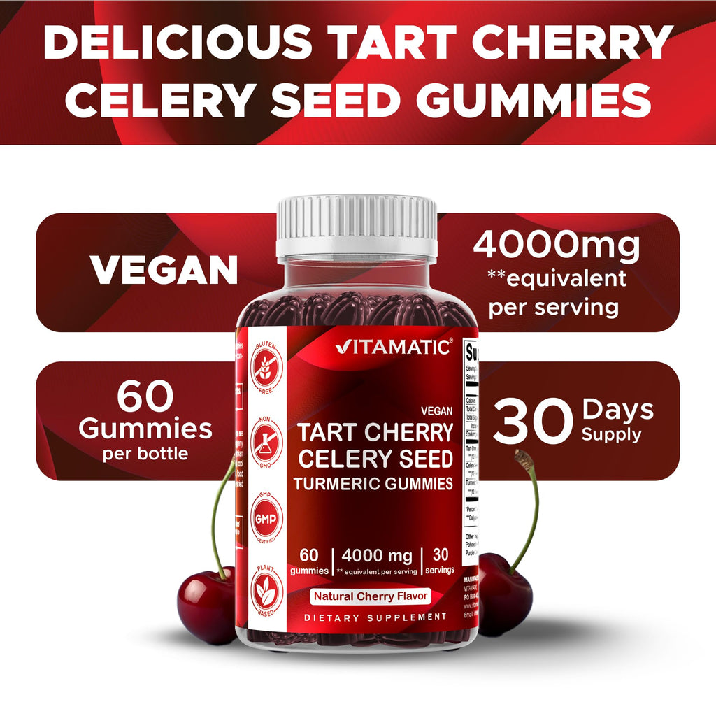 Vitamatic Tart Cherry with Celery Seed Gummies – 4000mg Equivalent Per Serving (from 10:1 Extract, 400mg) - 2-Pack
