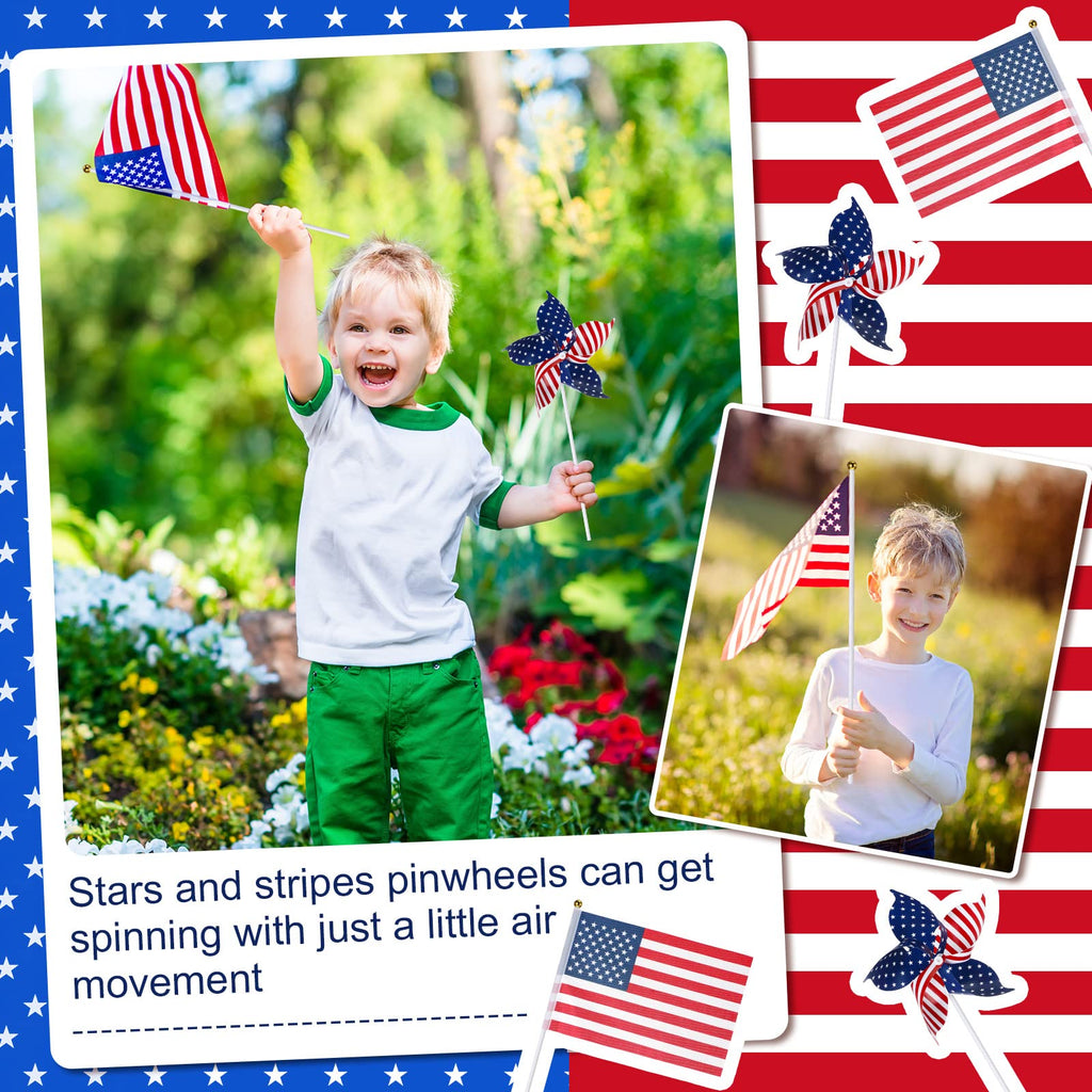 120 Pcs 4th of July Decorations Include 60 Patriotic Pinwheels 60 Small American Flags on Stick, Red White and Blue Pinwheel Windmill for Memorial Day Independence Day Parade Yard Decor Garden Outdoor
