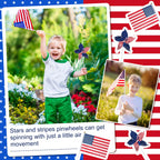 120 Pcs 4th of July Decorations Include 60 Patriotic Pinwheels 60 Small American Flags on Stick, Red White and Blue Pinwheel Windmill for Memorial Day Independence Day Parade Yard Decor Garden Outdoor