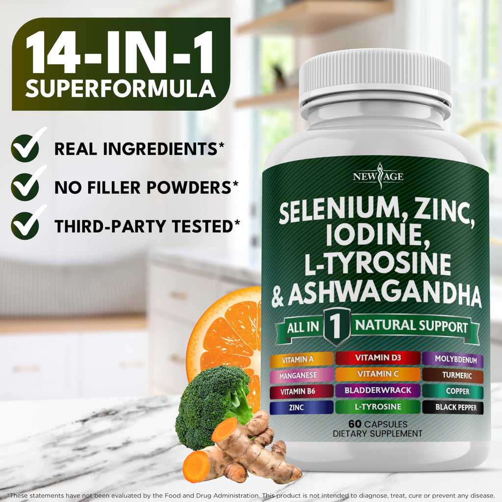 NEW AGE Selenium, Zinc, Iodine, L Tyrosine, Ashwagandha - Supplement for Women and Men with Bladderwrack, Turmeric, Silica Kelp, Schisandra - 120 Count
