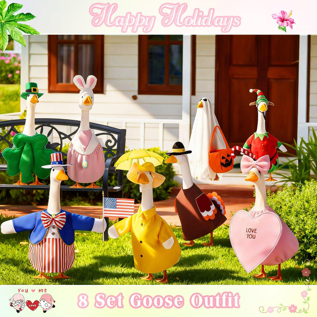 FuWeave 8 Set Holiday Porch Goose Outfits 23'' Goose Clothes Summer Fall Halloween Christmas Winter Thanksgiving Valentine St. Patrick Easter 4th of July Lawn Porch Geese Costume for Patio Yard Decor