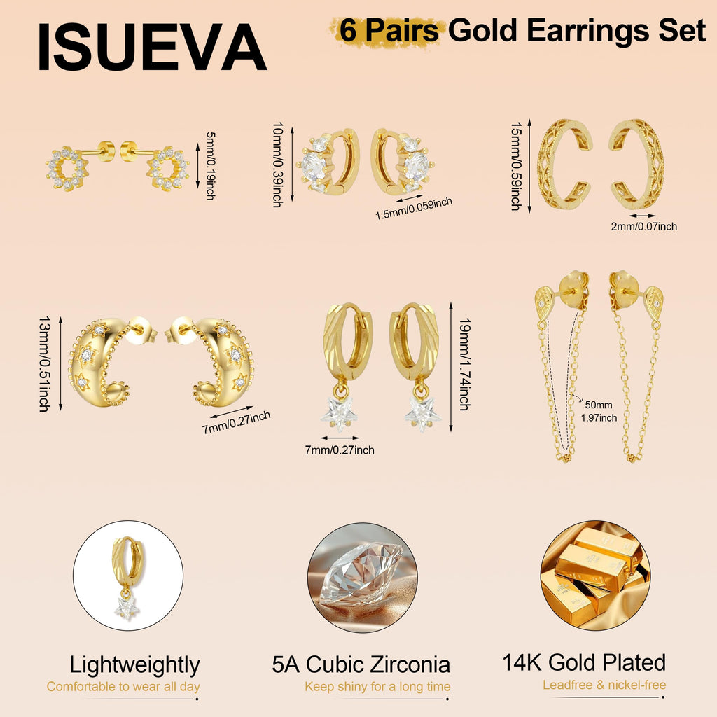 ISUEVA 14K Gold Silver Zircon Flatback Earrings For Women Earring Stacks