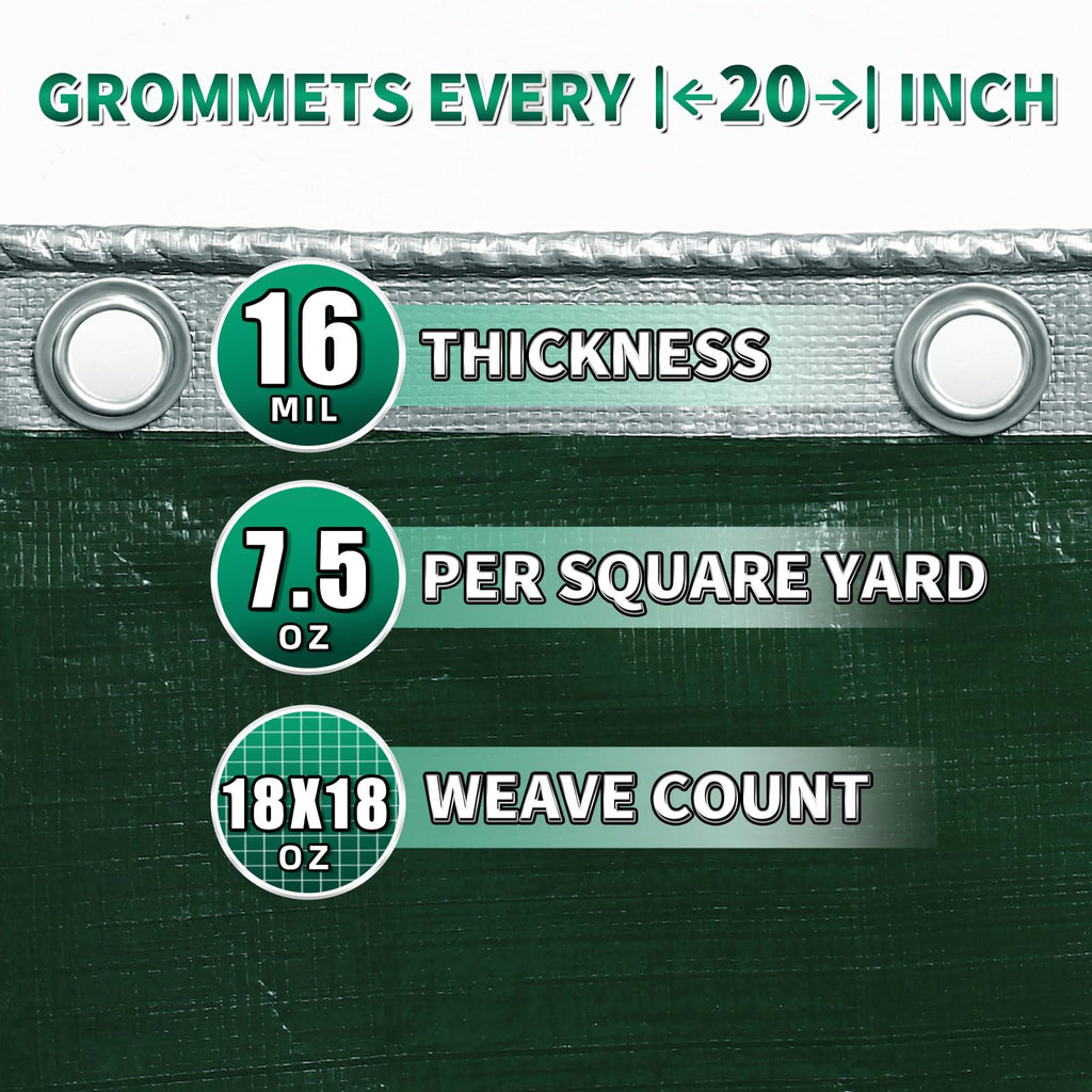TA*RP YXCN Extra Heavy Duty Tarp 12x20 Ft, 16 Mil Thick Waterproof Poly Tarps Cover UV Resistant, Rip & Tear Proof with Metal Grommets Every 20 Inche (Silver/Green)