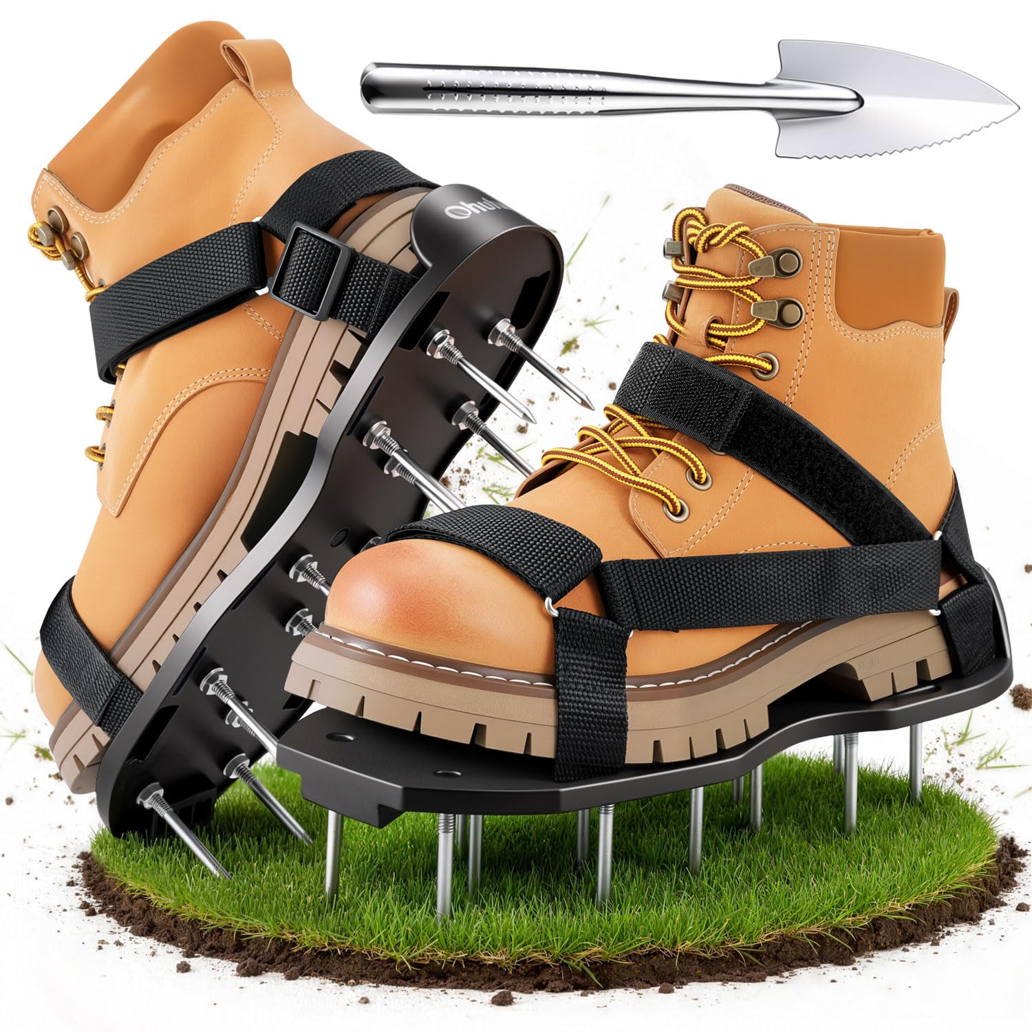 Ohuhu Lawn Aerator Shoes with Stainless Steel Shovel, Free-Installation Aerating Shoe with Hook&Loop Straps, Heavy Duty One-Size-Fits-All Spiked Aerating Sandals for Garden Grass