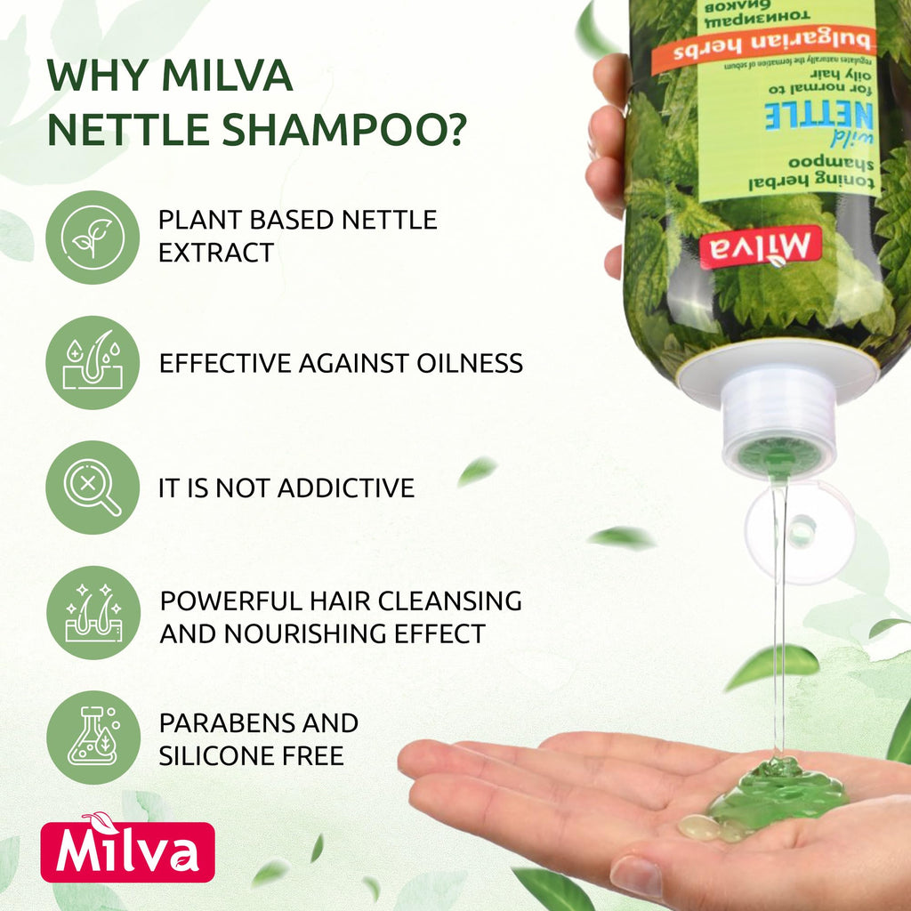 Milva Nettle Shampoo for Oily Hair - 6.7 Fl Oz Natural Oily Hair Shampoo for Greasy Roots & Scalp - Clarifying Degrease Treatment - Control Sebum, Add Volume & Shine - Made in Bulgaria - 200ml
