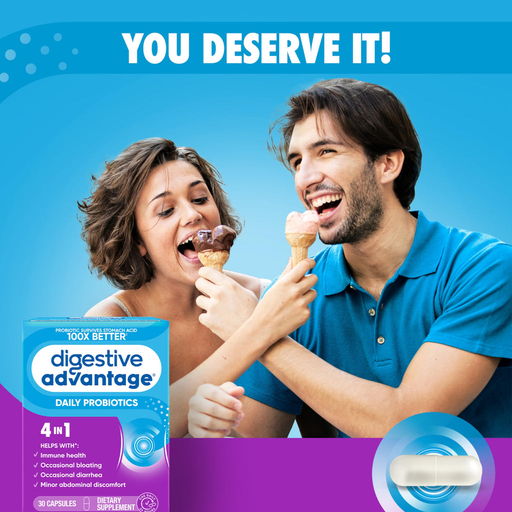 Daily Probiotic Capsule - Digestive Advantage 30 Capsules, Survives 100x Better, Lessens Bloating, Calcium, Promotes Digestive Health and Gut Flora, multi