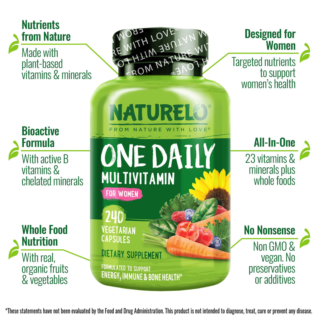 NATURELO One Daily Multivitamin for Women w/Vitamin B12, 240 Ct, Energy Support, Whole Food Daily Women Multivitamin Supplement, Nourish Hair/Skin/Nail, Non-GMO, No Soy, Gluten Free, 8 Month Supply