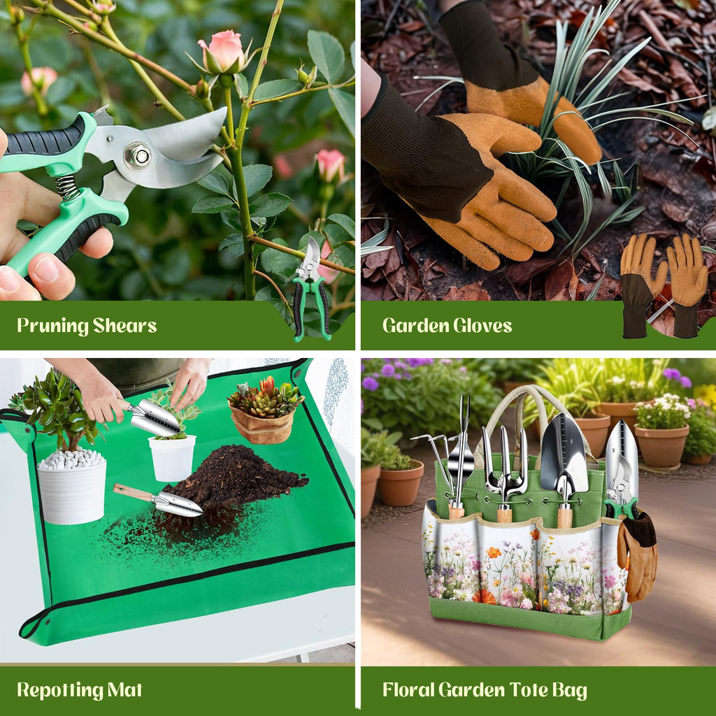 Garden Tools 9 Pcs Heavy Duty Gardening Tool Set Green Tote Bag Men Women