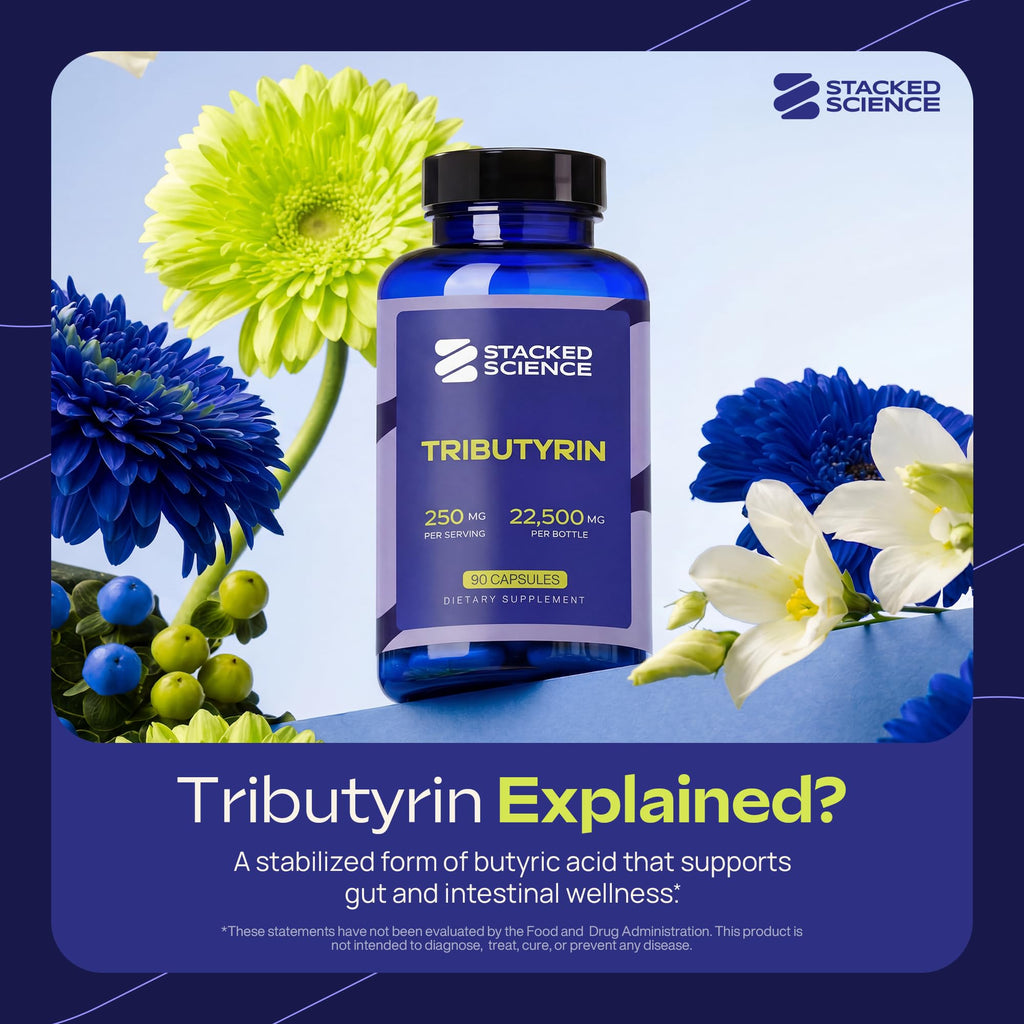Stacked Science Tributyrin 250mg Supplement | Postbiotic Gut & Digestive Support | Short-Chain Fatty Acid Formula | Single Ingredient | 90 Capsules | Adult Daily Supplement