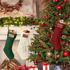 Dreamdecor Personalized Christmas Stockings with Names Monogram, 18��� Large Family Knitted Xmas Stocking with Leather Nameplate for Kids, 4 Pack Customized Christmas Stockings for Fireplace Holiday