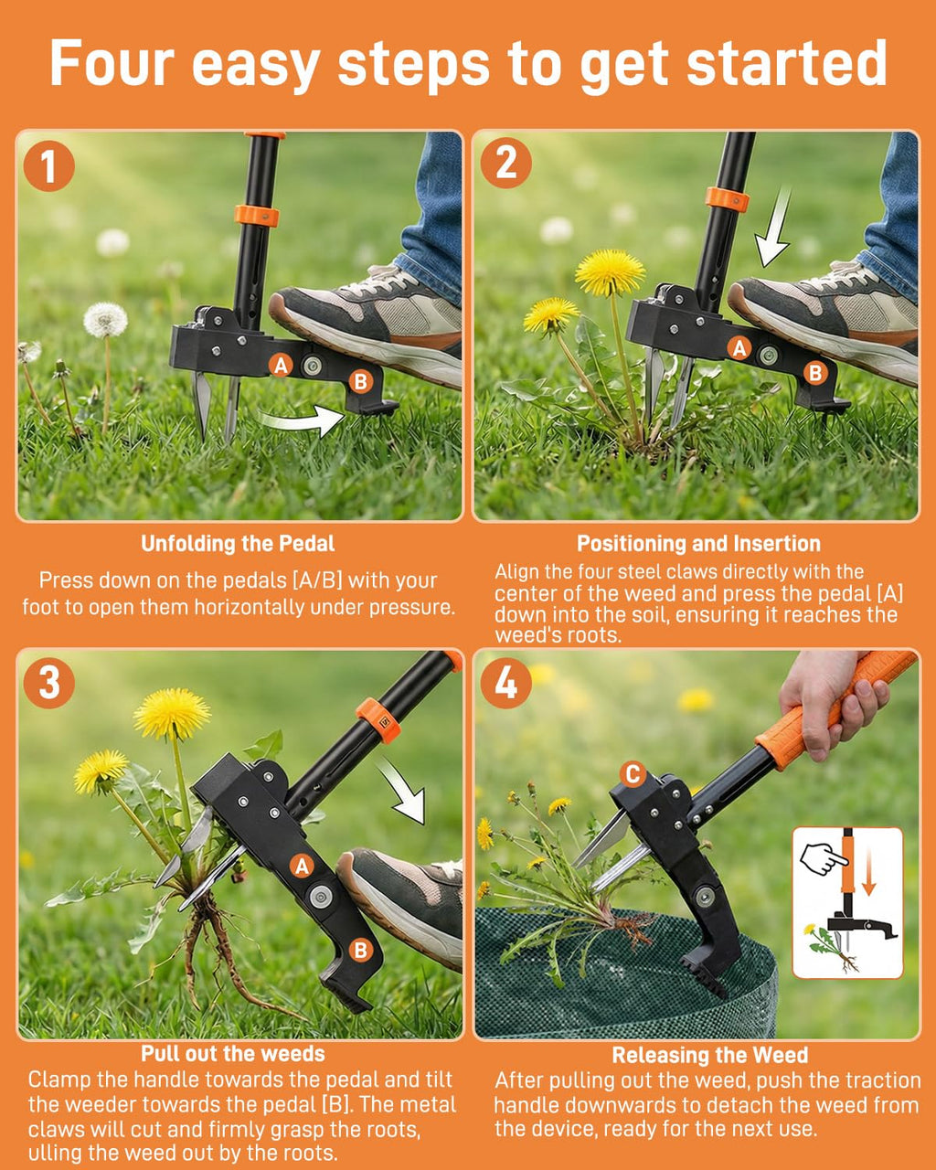 HAUSPROFI Stand Up Weed Puller Tool with 36-46 Inch Adjustable Long Handle and 50L Garden Bag, Heavy Duty 4-Claw Stainless Steel Weed Remover Tool with Automatic Rebound Design for Deep Roots