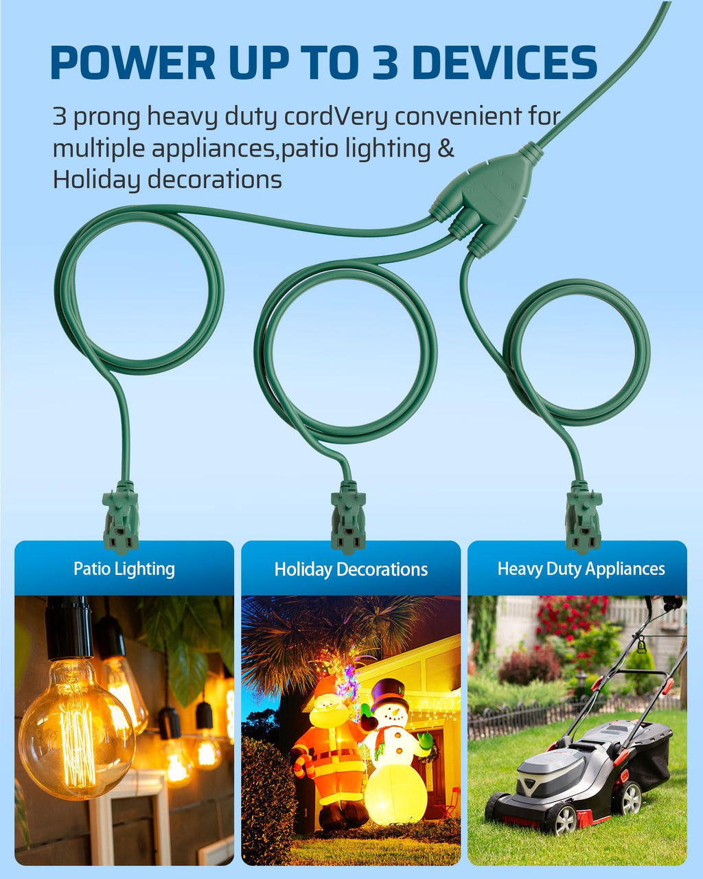 DEWENWILS 40FT (22’+6’*3), 1 to 3 Splitter Outlets, 3 Prong Outlets, Green