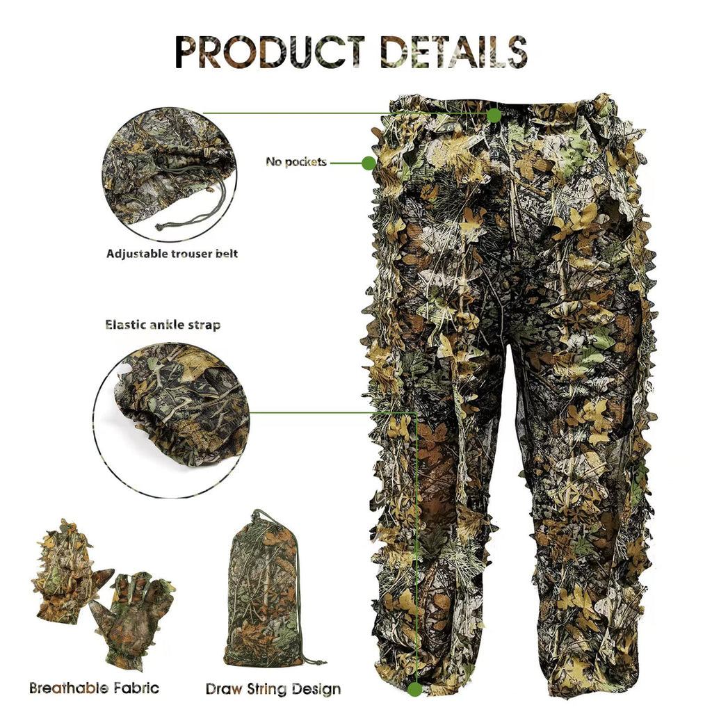 Ghillie Suit Camouflage Hunting Suits Outdoor 3D Leaf Lifelike Camo Clothing Lightweight Breathable Hooded Apparel Suit, Hunting Gloves, Leafy Face Mask and Bag for Jungle Shooting Halloween…