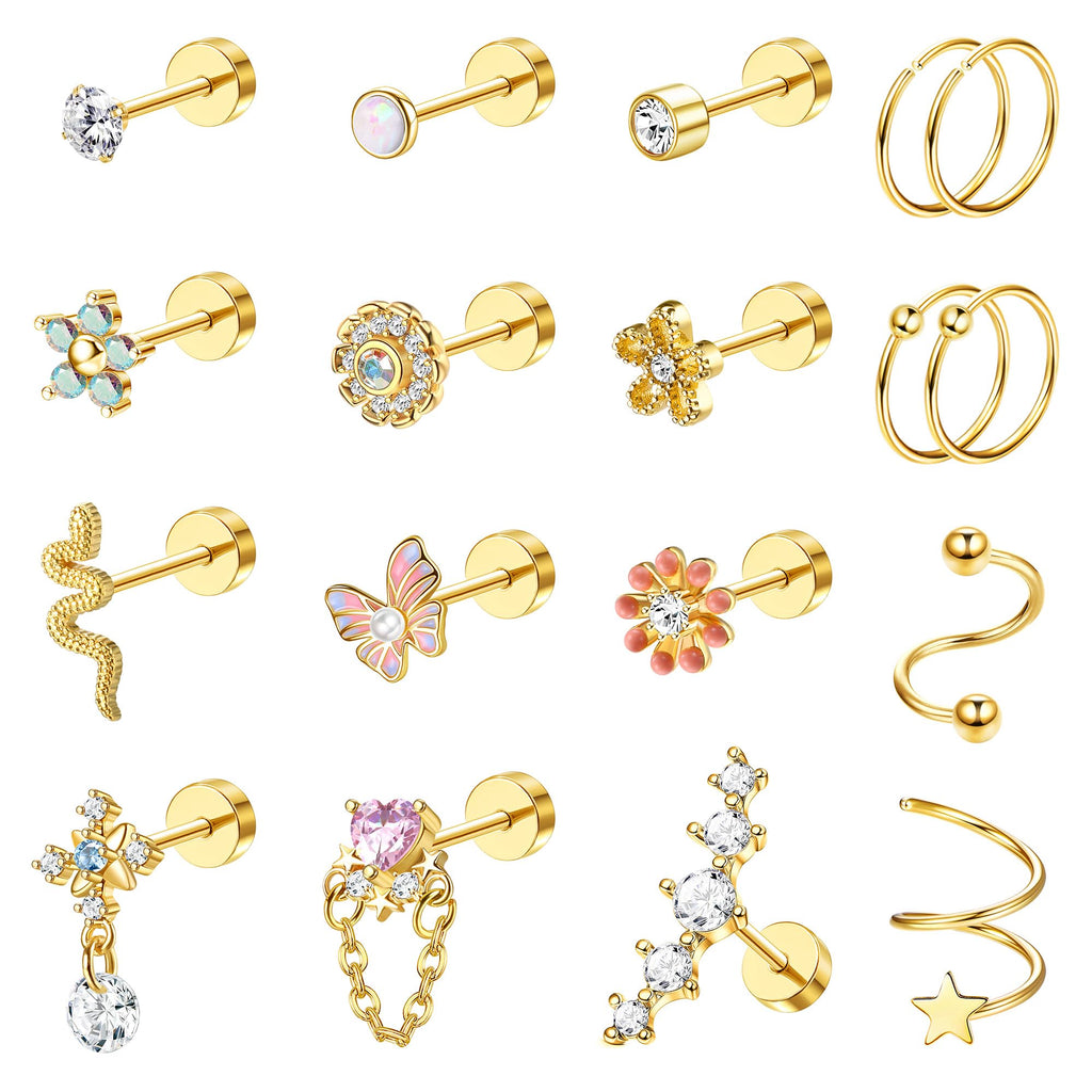 Cartilage Earring Stud for Women 14K Gold Plated Opal Flat Back Earrings