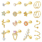 Cartilage Earring Stud for Women 14K Gold Plated Opal Flat Back Earrings