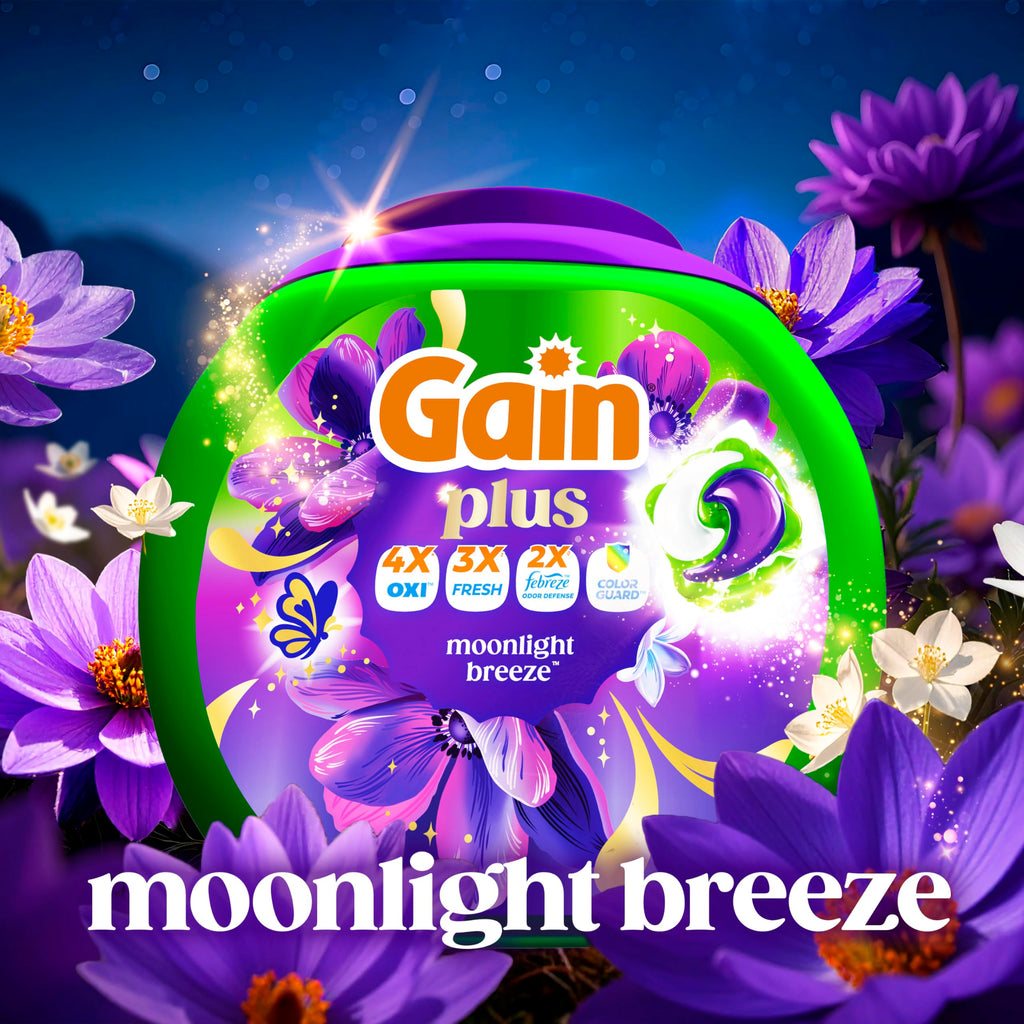 Gain Plus Flings Liquid Laundry Detergent Pods, Gain's Best Clean, All-In-One Pacs, Moonlight Breeze Scent, 45 Count
